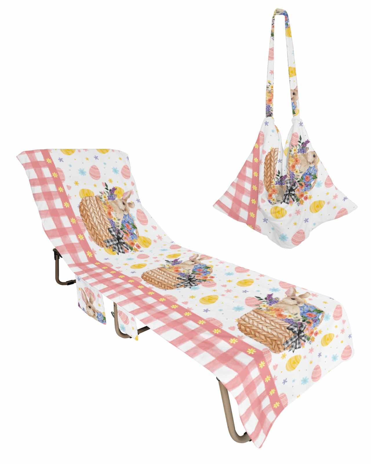 Easter Plaid Bunny Beach Chair Towel Covers for Chaise Lounge with Side Pocket, Soft Plush Pool Towels Cover for Patio Sunbathing Outdoor 29''x85'' Geometric Geometric Eggs Flower Plaid