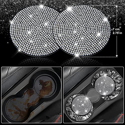 Image of CAR PASS 11 PCS Bling Diamond Car Accessories for Women, Sparkly Rhinestone Steering Wheel Cover, Bling Seat Belt Cushion, Glitter Shift Knob Cover, Car Cup Holder Coaster, Cute Interior Sets Silver