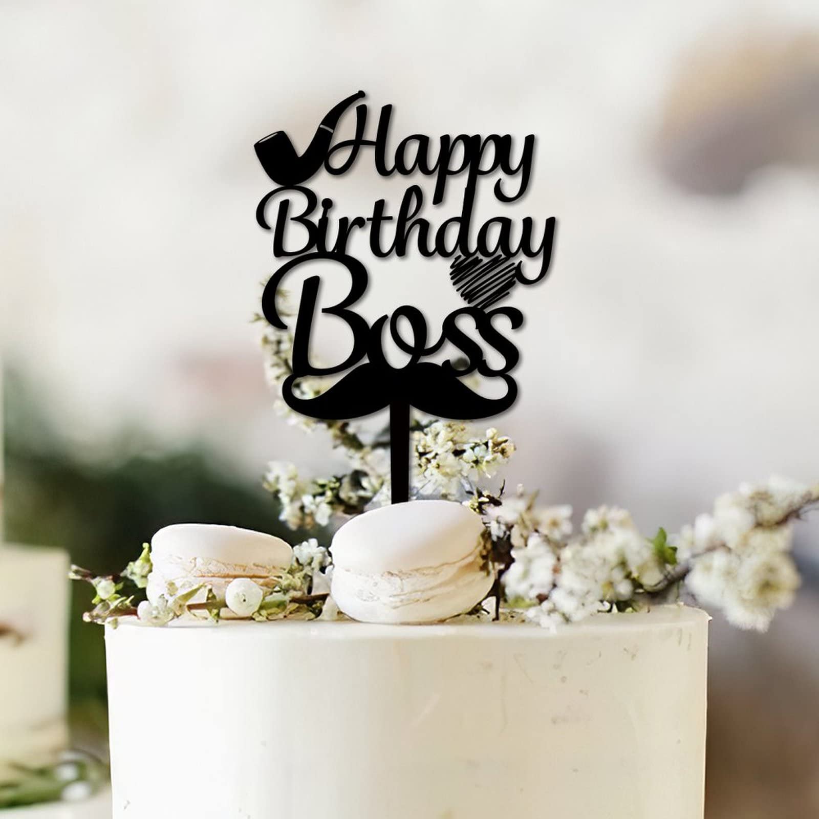 Happy Birthday Boss, Beard And Pipe Silhouette Cake Topper, Boss Birthday, Happy Birthday Party, Hap Acrylic Wood Cupcake Cake Topper Party Cake Dessert Decorations.