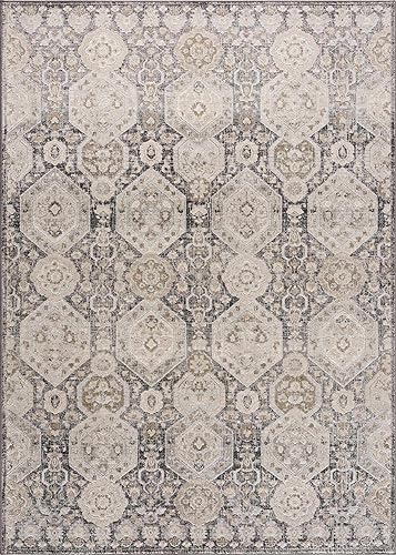 Image of Hauteloom Kismet Boho Vintage Traditional Damask Area Rug - Farmhouse Traditional Floral Medallion Carpet for Living Room, Bedroom, Dining Room - Black, Tan, Gray, Brown, Beige 6'7 inch x 9' (6x9)