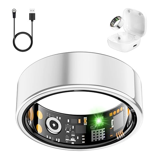 Smart Health Ring for Women Men, Fitness Tracker Ring with Heart Rate, Blood Oxygen, Sleep Tracker, Step Tracker, No Subscription Fee, IP68 Waterproof Smart Ring for iPhone & Android (Silver, 8#)