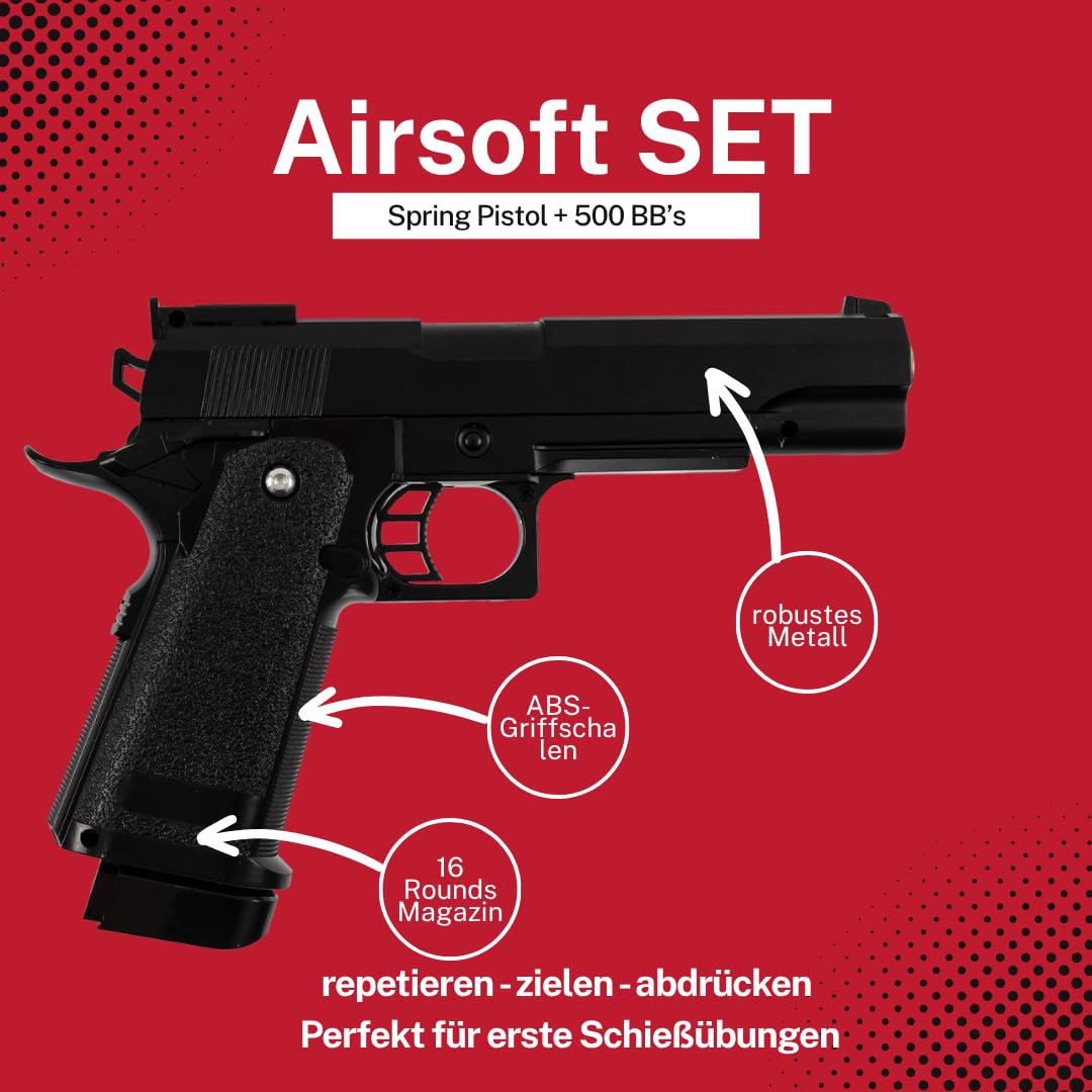 Softair Pistole Set C6 6mm Federdruck Vollmetall Airsoft ab 14 Jahren unter 0,5 Joule mit Magazin und 500 OpTacs BBS realistische Zweitwaffe Einsteiger Trainingspistole