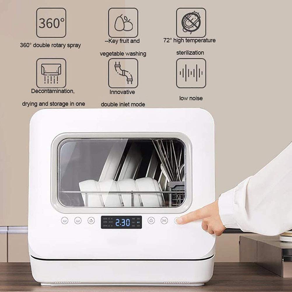 Lavavajillas de sobremesa Compacto portátil de encimera, Integrado, con 6 Cubiertos, Almacenamiento Antibacteriano, con función de Lavado de Frutas y Verduras, Pantalla LED, Blanco