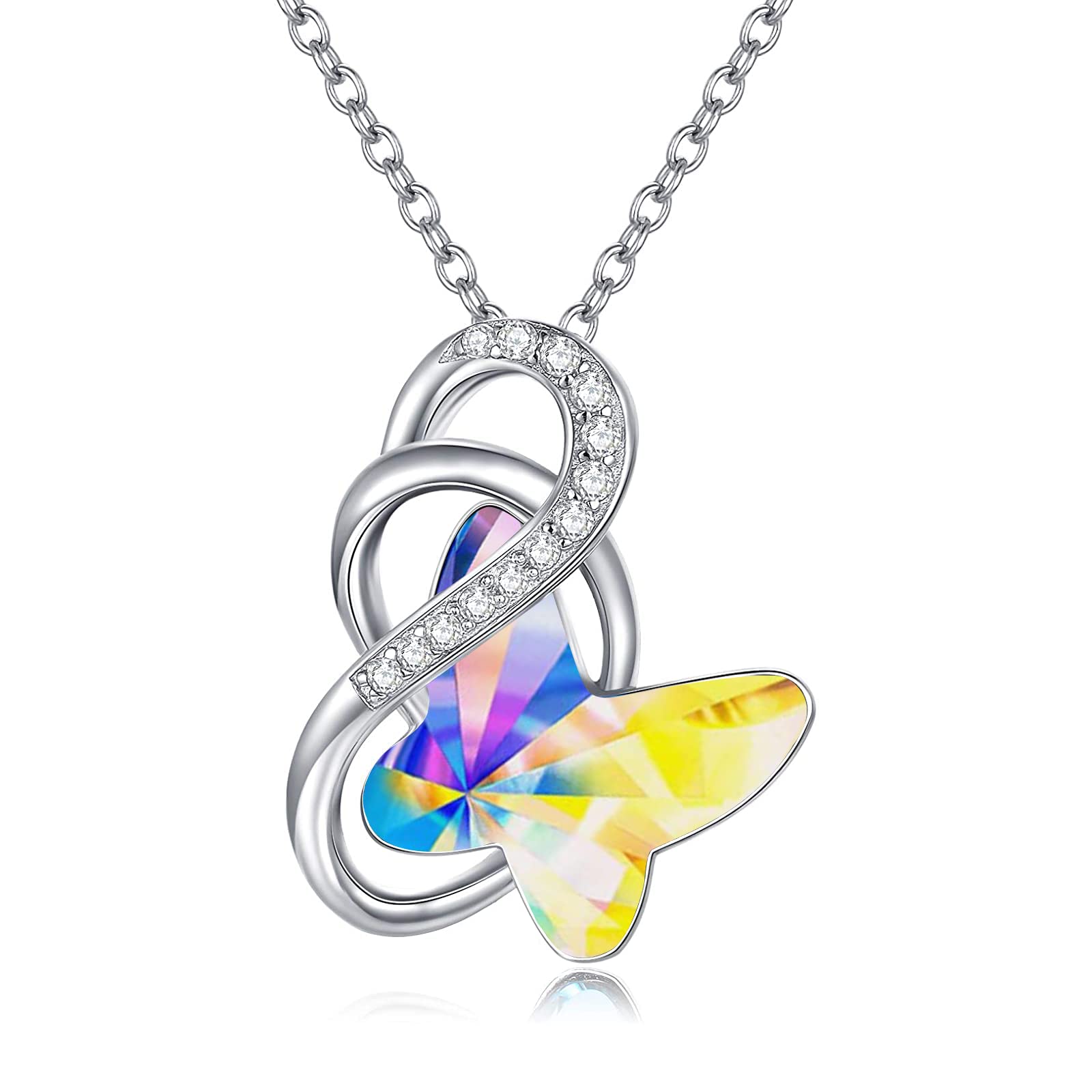 AOBOCO Sterling Silver Infinity Butterfly Pendant Necklace Embellished with Crystals from Austria, Anniversary Birthday Gifts for Butterflys Lovers,