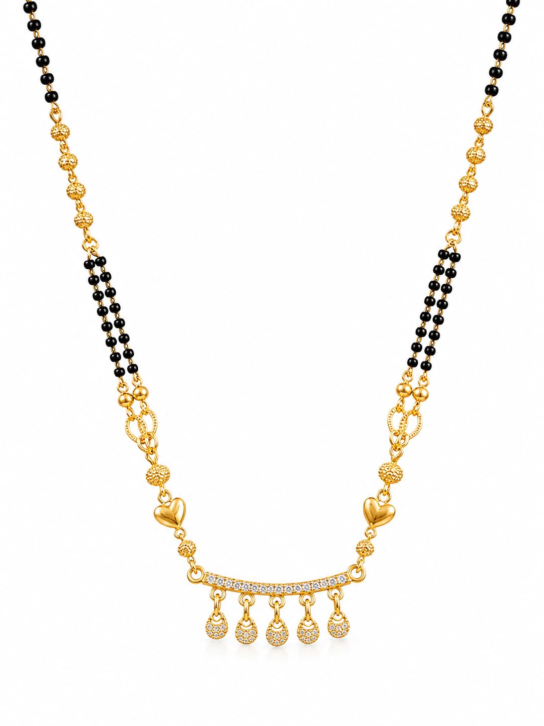 Gold Plated Premium Micro Polish Mangalsutra for Women | American Diamond CZ 5 Drop Pendant with Heart Design | Traditional Black Beads Long Mangalsutra Necklace | Bridal Wedding Daily Wear Jewellery-image-22
