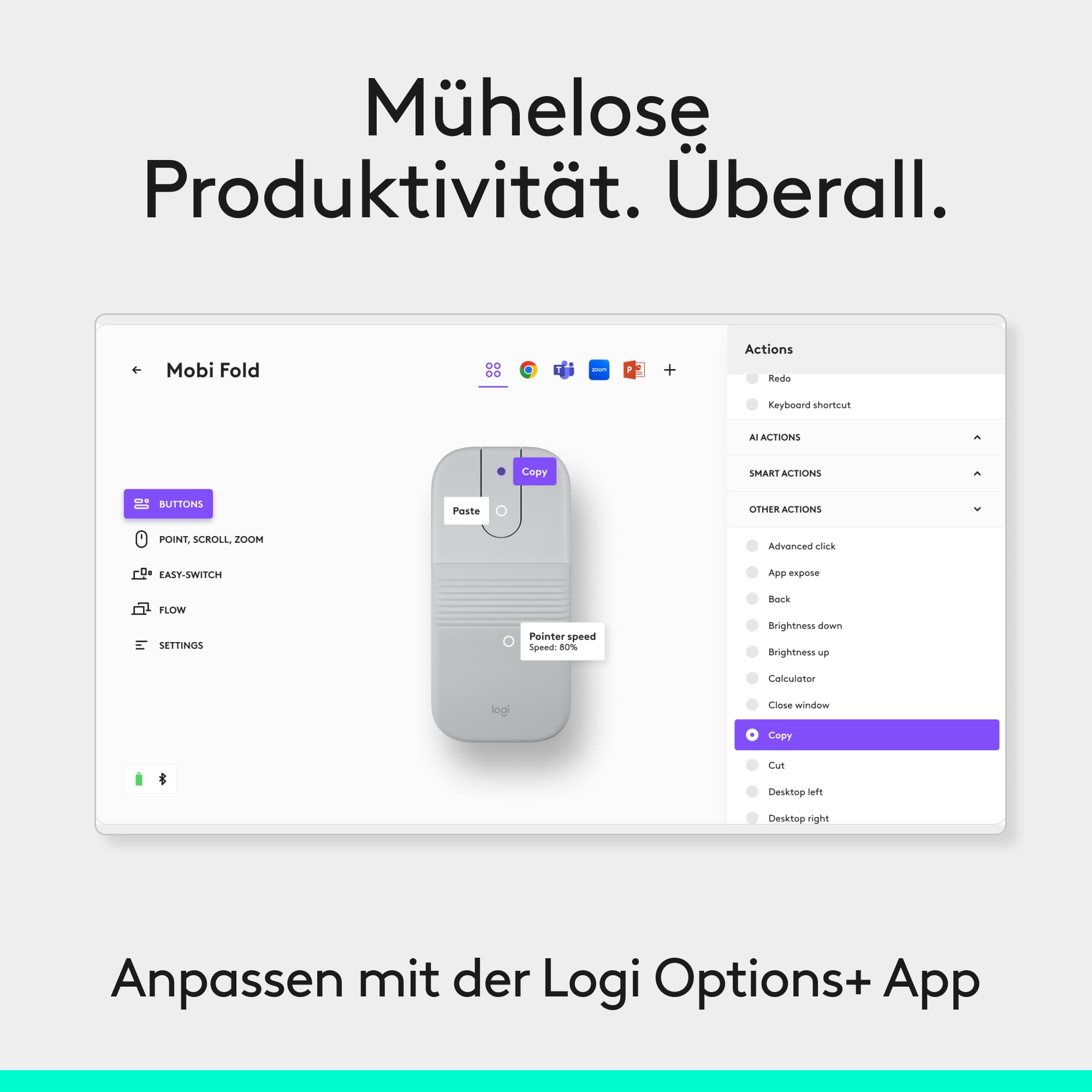 Logitech Mobi Fold, ultramobile Maus für unterwegs, klein und leicht, Touch-Scroll, leise Klicks, 4K DPI, Bluetooth, für Windows-PC, Mac, Chromebook, Android, iPad - Weiß