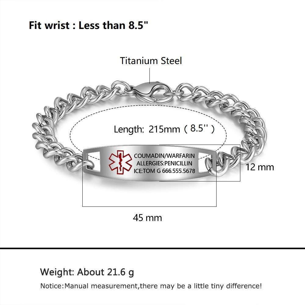 Custom Medical Alert Bracelet for Men & Women Waterproof Titanium Steel Emergency ID Wristband with Free Engraving Medical Bracelet for Him & Her (Silver, 8.5 inches)