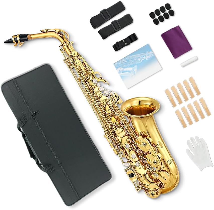 Alto Saxophone E Flat Sax Full Kit With Carrying Case,Mouthpiece,Straps, Reeds Saxophone Beginners Kit for Adults (gold)
