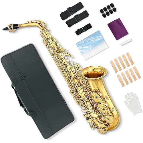 Alto Saxophone E Flat Sax Full Kit With Carrying Case,Mouthpiece,Straps, Reeds Saxophone Beginners Kit for Adults (gold)