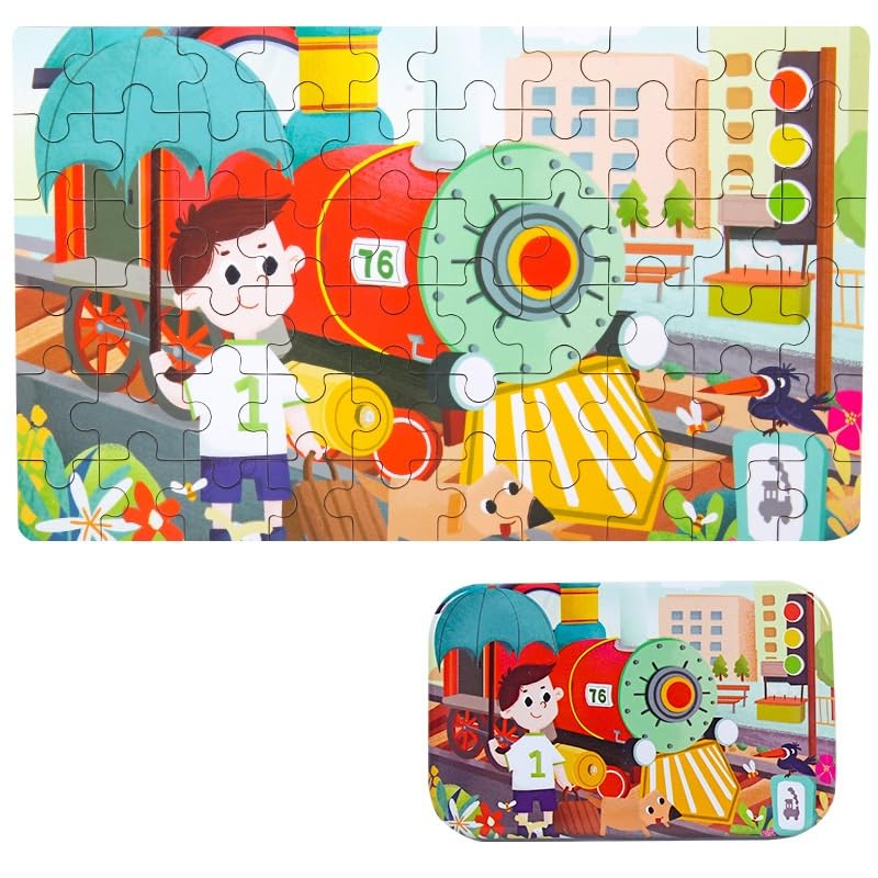 60Pcs Wooden Jigsaw Puzzle In Travel/Keepsafe Tin Box For Kids Of 4 Years - 8 Years (Train)
