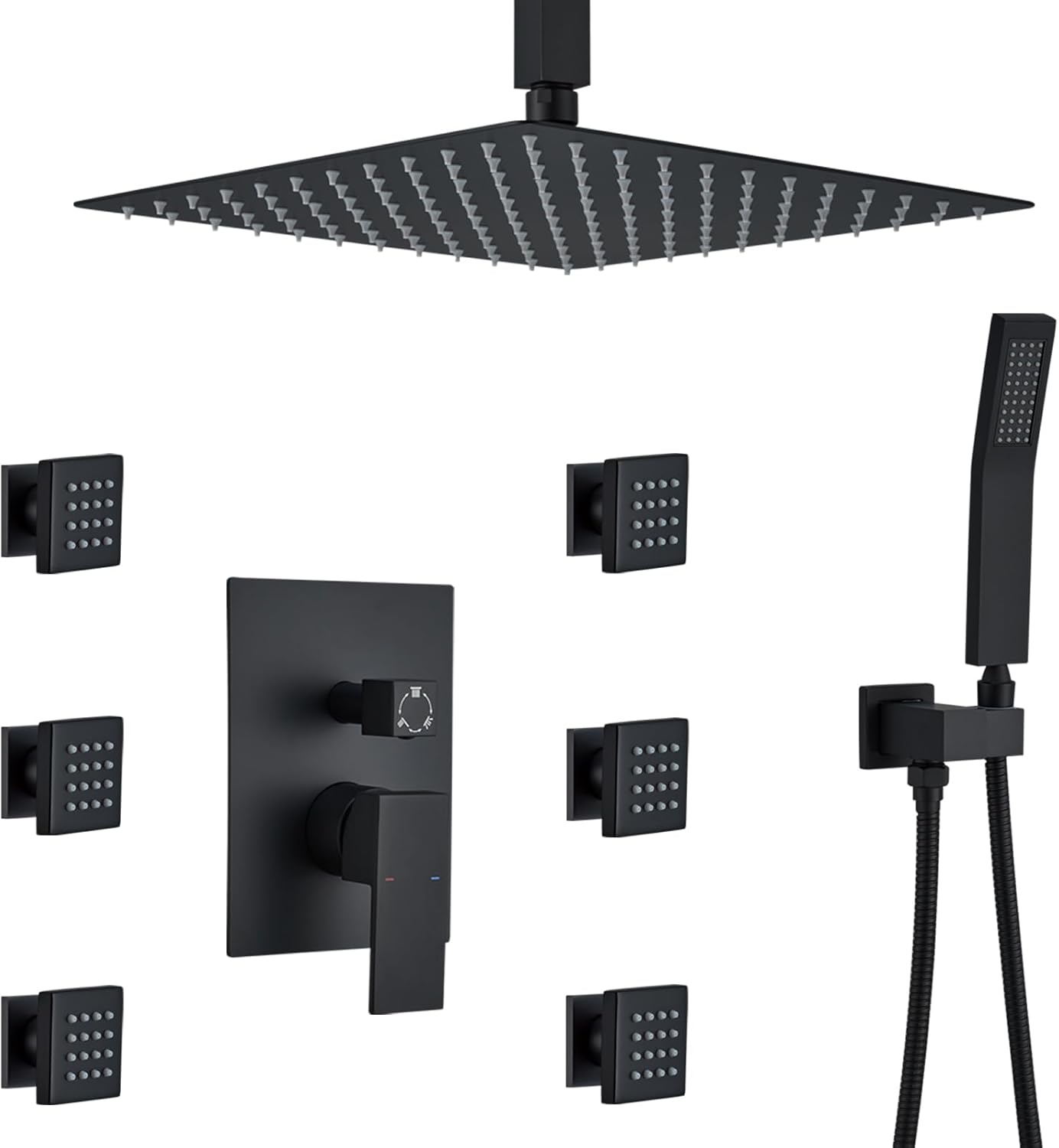 Rain Shower System With Complete 4 Pcs Body Sprays Jets And Pressured Balance Rough-in Valve,12Inch Rainfall Shower Head And Handheld, Modern Matte Black Wall Mount Shower Faucets Sets