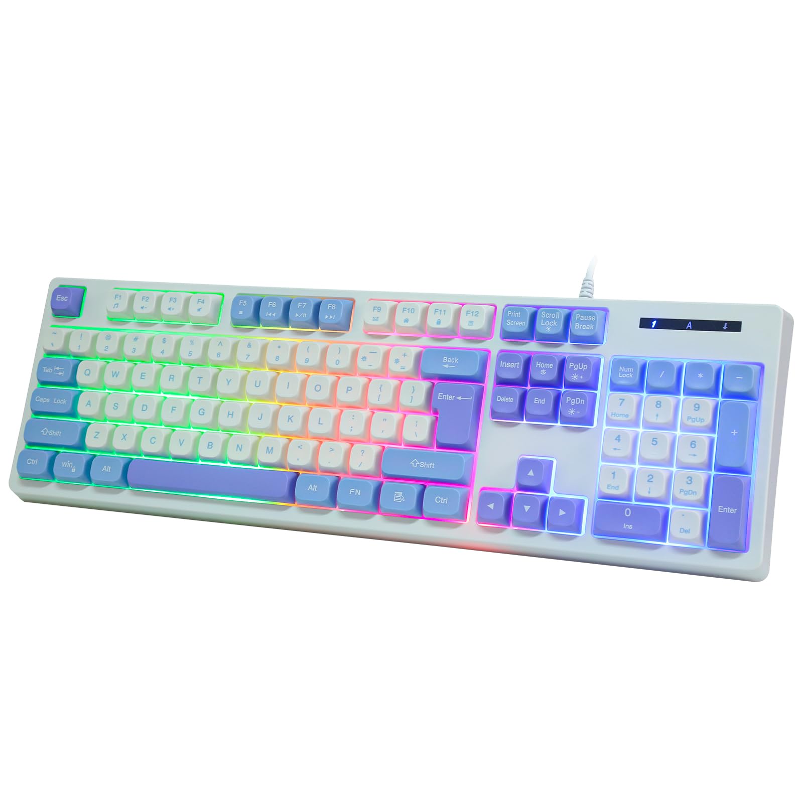 HUOJI ゲーミングキーボード USB有線 メカニカル風 メンブレン式 フルサイズ テンキー付き 英語配列 RGBバックライト 防水設計 25キーロールオーバー 5000万回耐久 フローティングキー 人間工学デザイン PC/PS5/Xbox対応 (ホワイト＆ブルー)