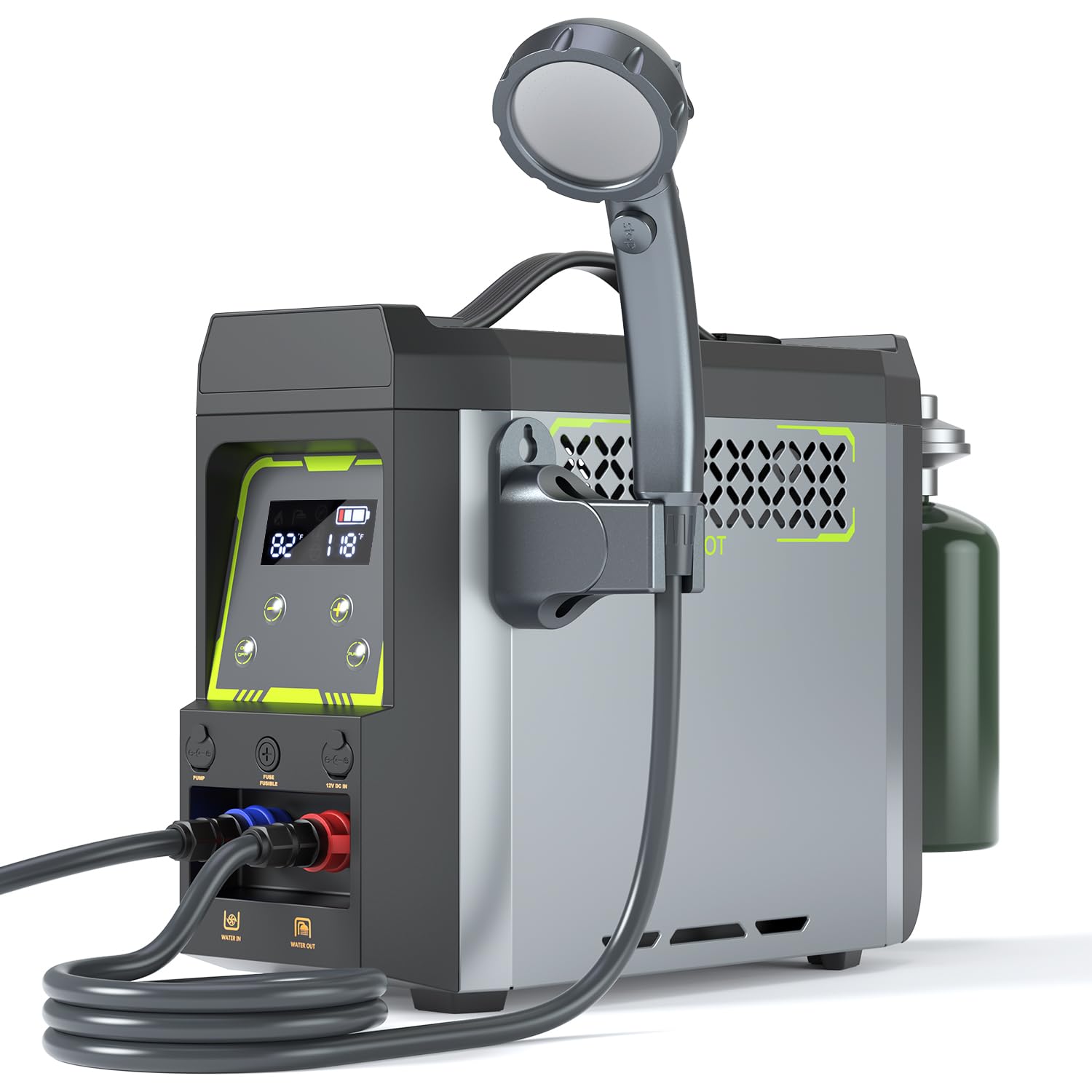 Jocoevol Tragbarer Warmwasserbereiter, Propan-Warmwasserbereiter mit Duschpumpe, Max 100 Minuten 3s Sofort Heiß 20.000 BTU, 4000 mAh Wiederaufladbarer Eingebauter Akku für Außenreinigung, Camping