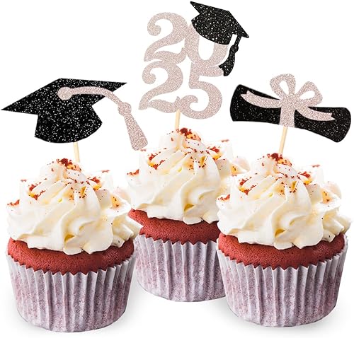 Clase de 2025 - Decoración para cupcakes de graduación con purpurina, selecciones de alimentosaperitivos para fiesta de graduación (oro rosa)
