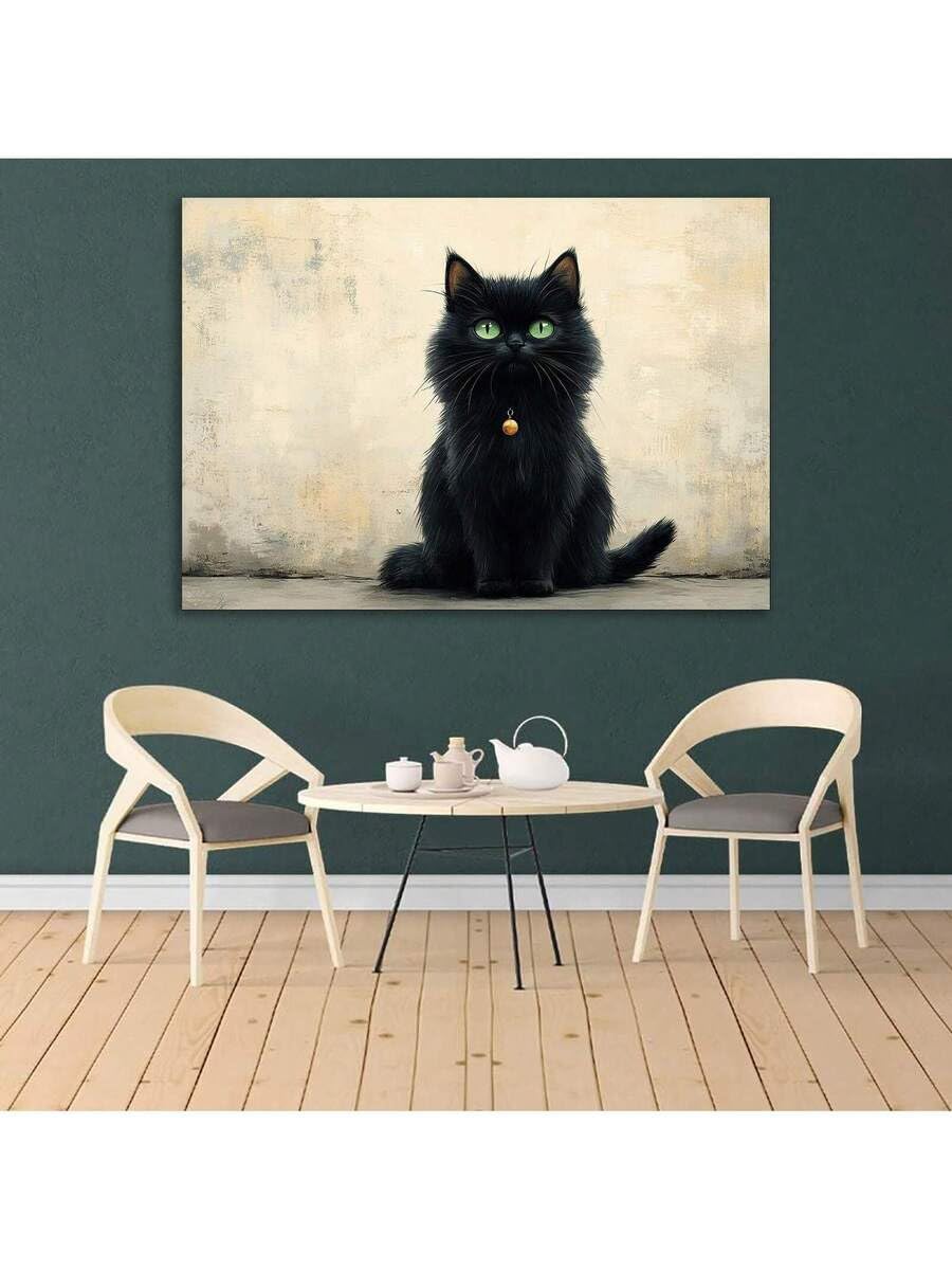 lianyibo Obraz kota na płótnie Grace Cat Plakat z zielonymi oczami Czarny kot Sztuka ścienna do salonu sypialni Dekoracja biurowa (60x90 cm/rama wewnętrzna)