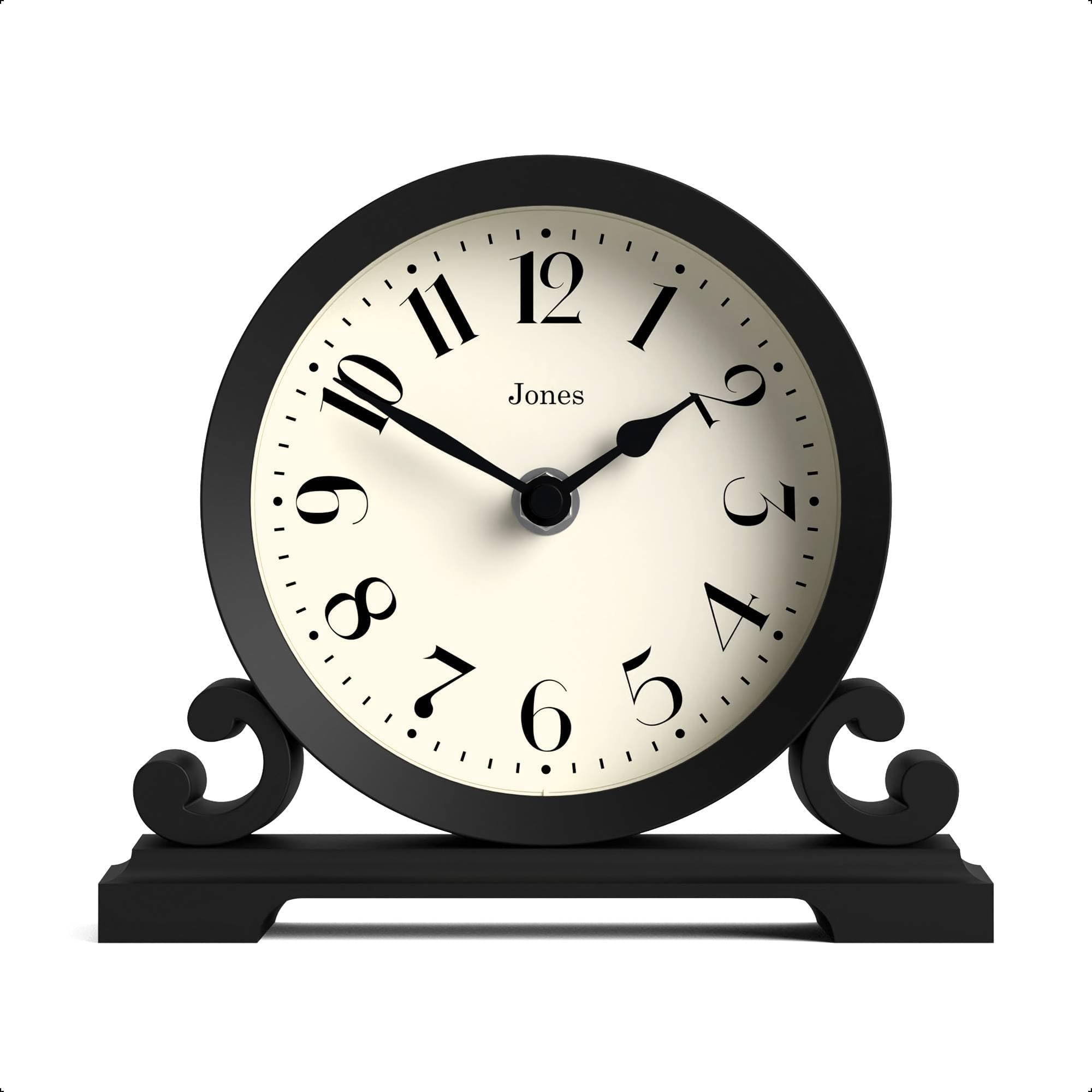 Jones Clocks® Saloon mantel clock | Small traditional double scroll design | Black | Contemporary classic style for desk, table, shelf or bedside