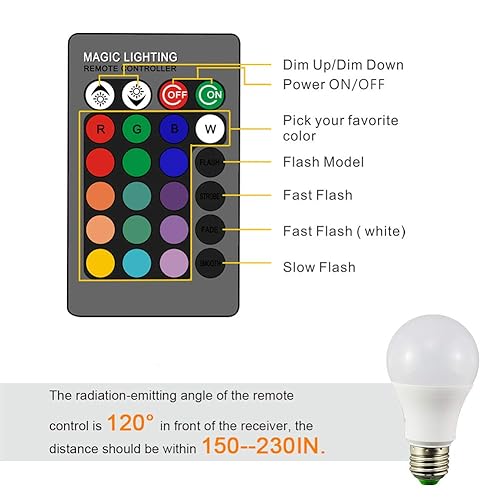 Miniatura 4 de Droiee Bombilla LED cálida E26 regulable, 6W RGBW Color 500LM con 16 modos de cambio de color para Navidad, fiesta, etc. con control remoto, 1 unidad