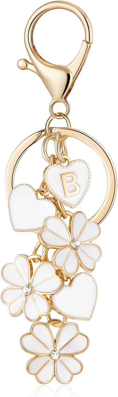 Initial Letter Keychain for Valentine's Day Women Gilrs Four Leaf Clover Flower Keyring for Backpack Charms Handbag