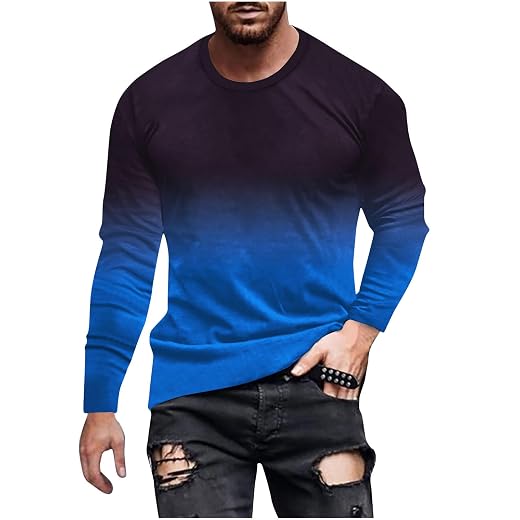 Mens Long Sleeve Shirts Casual Gradient Color Loose Pullover Graphic Tee Shirts Fall Fashion Athletic Sweatshirts