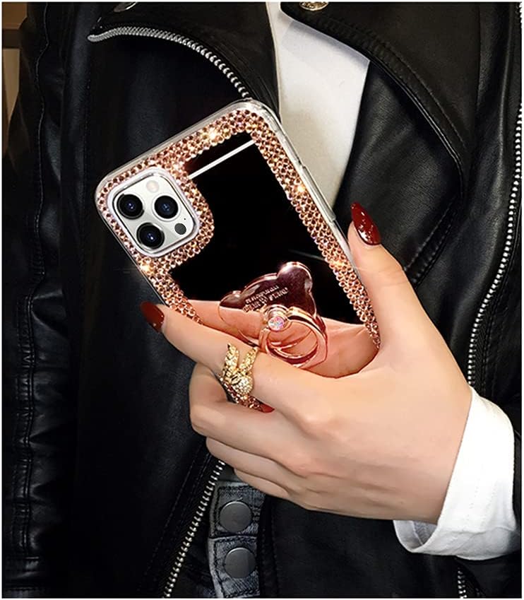LUVI Compatible with iPhone 13 Pro Max Mirror Case Cute for Women Girls Bling Glitter Diamond Rhinestone with Ring Holder Loopy Finger Grip Kickstand Stand Cover Luxury Fashion Phone Case Rose Gold