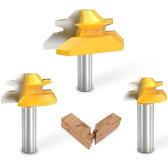 45 Degree Lock Miter Router Bit 1/2 Inch Shank, 3-Piece Set for 1/2" 3/4" 1" Cutting Height Joint Router Bits for Creating Lock Miter Joint, Woodworking Tools Joint Router Bit
