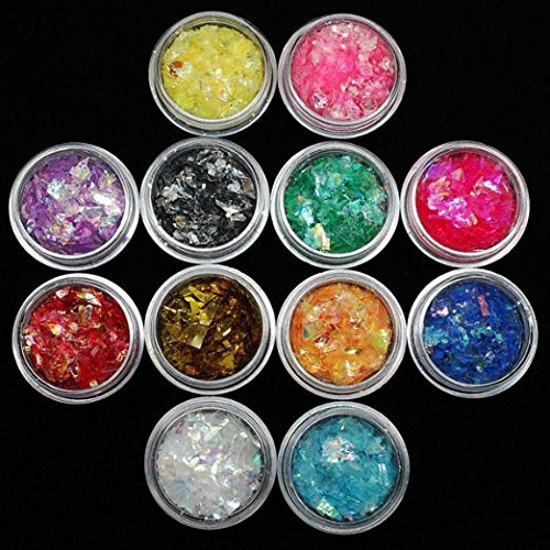 QIMEIYA 12 Colores Escamas Hielo Brillo Mylar Delgado Hojuela para Uñas Iridiscentes Nail Art Diseños Decoración Accesorio Clavo Manicura