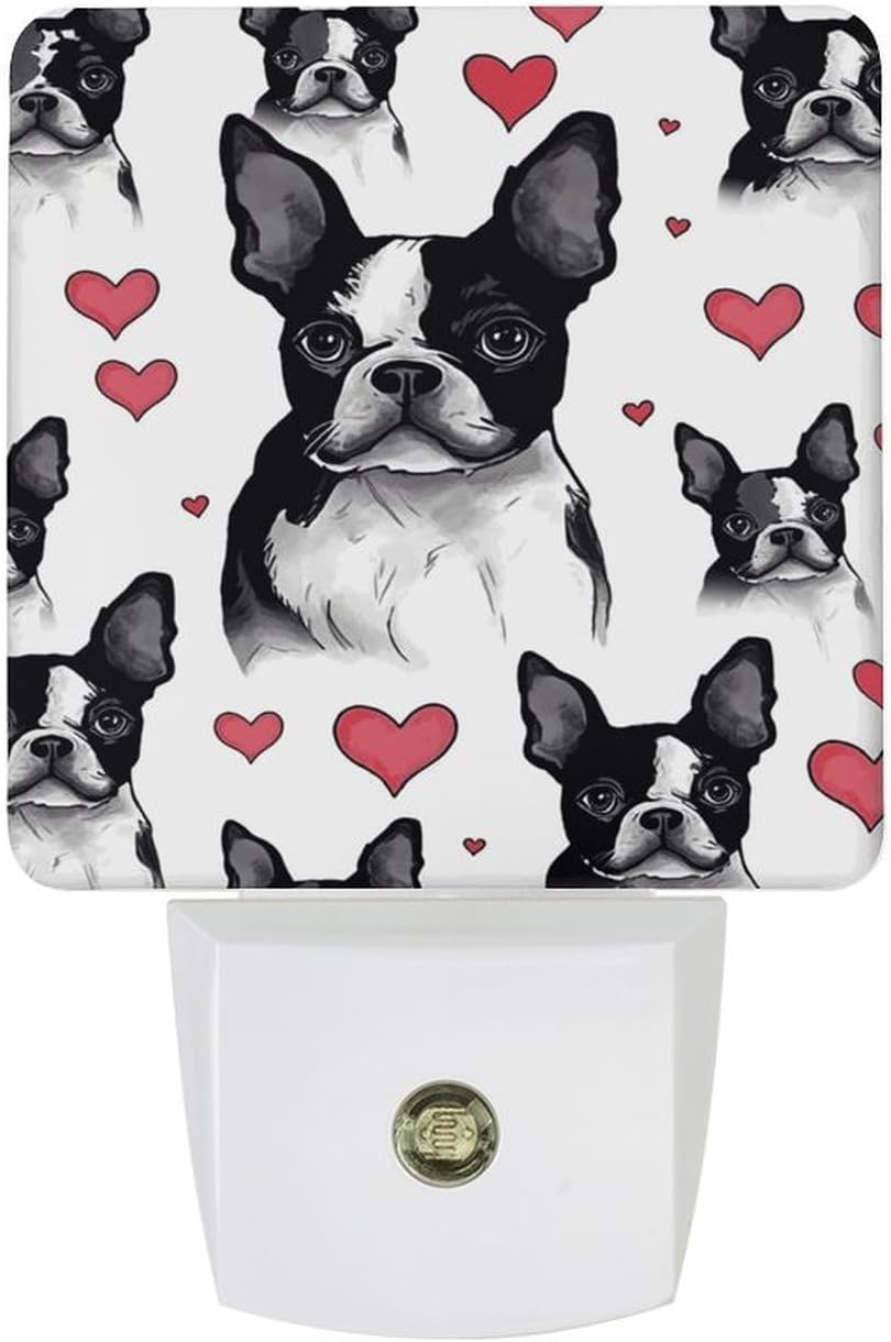 ZGHQHCDRH Boston Terrier Red Heart Dog Night Light Mini Energy Saving Lamp Smart Sensor Lights Plug in Night Light Dusk to Dawn Sensor Small Energy Saving Lights Bright LED Nightlight 11.5×7.5x5cm