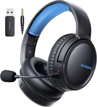 BINNUNE Wireless Gaming Headset 2.4GHz Low-Latency USB Dongle + Bluetooth, 50mm Drivers 7.1 Surround, Noise-Cancelling Mic, 40H Battery Over Ear Wireless Headphones for PS5, PC, Laptop, Blue