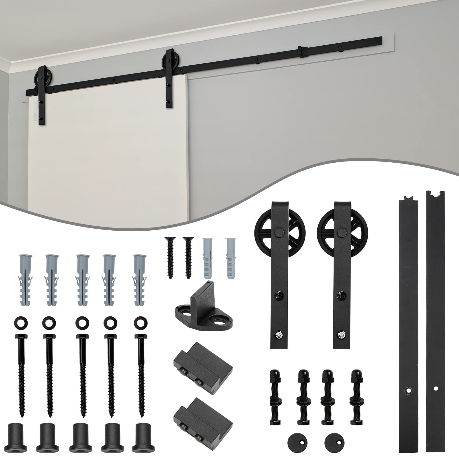 Sistema de puerta corredera, 183 cm, juego de herrajes con rueda grande, conjunto completo de herrajes para puerta de granero