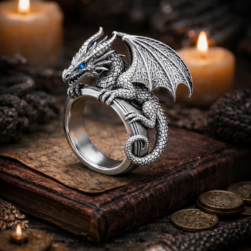Men's Dragon Ring Size 10 - Gothic Fantasy Jewelry for Men - Cool Punk Biker Signet Ring - Mens Dragon Band Ring Stainless Steel - Unique Dragon Statement Rings Birthday Gift for Him