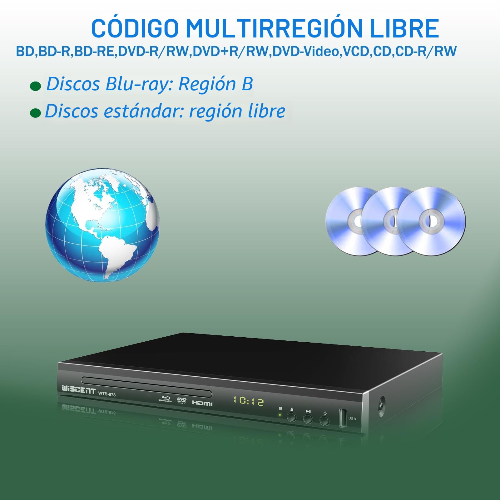 Reproductor de Blu-Ray para TV, reproductores de DVD con coaxial/HDMI/AV/salida, entrada USB, todos los DVD y discos Blu-ray de la región B/2, Full HD compacto, reproductor de Blu-ray 1080p (WTB-978B)