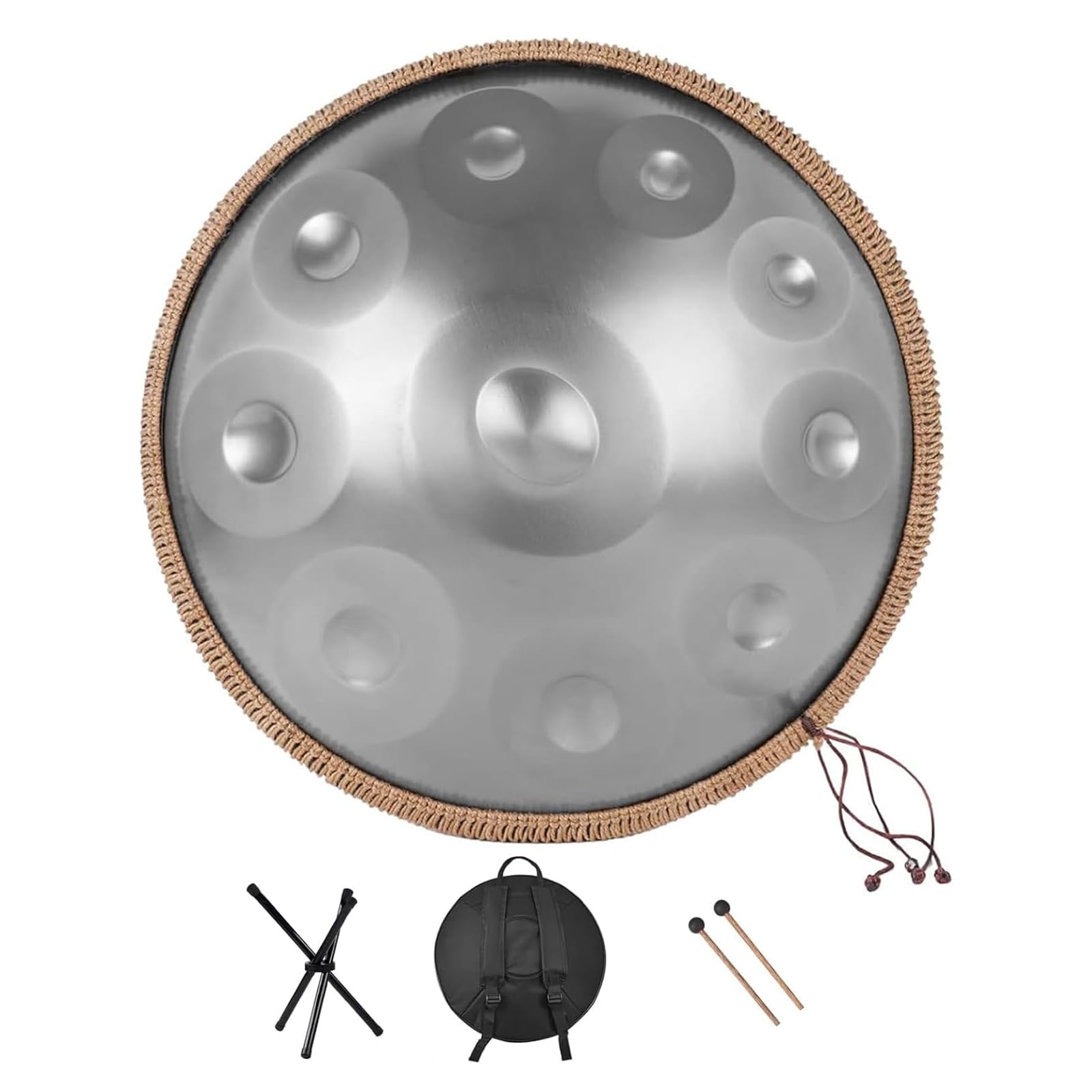 Bęben ręczny 10 nut, stalowy bęben harmonijny 55,9 cm Minor z miękką torebką/2 młotkami ręcznymi/uchwytem na uchwyt, do audio