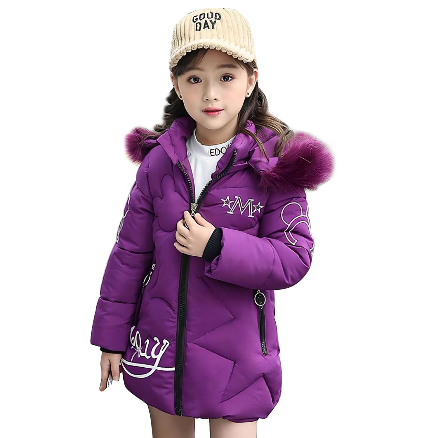 Kinder Winterjacke Mädchen Warm Wintermantel Baumwoll Mantel Steppjacke Schön Bestickt Winter Parka Outdoorjacke mit Abnehmbaren Fellkapuze