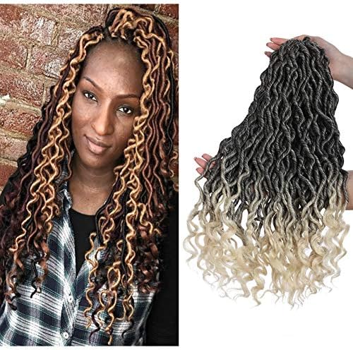 Goddess Faux Locs Crochet Hair Ombre Box Braids Hair for Black Women Deep Wave Synthetic Crochet Braiding Hair With Curly End 20inch 6 Bundles Black to Blonde