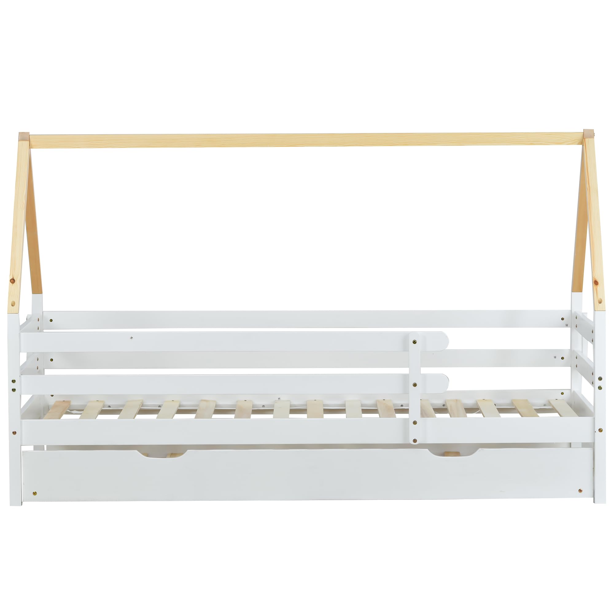 Merax Hausbett 200x90cm, Kinderbett Funktionsbett mit Rausfallschutz und Lattenrost, Tagesbett Ausziehbett mit Rollen unten, Holz Baumhausbett für Mädchen & Jungen, Weiß+Naturfarbener