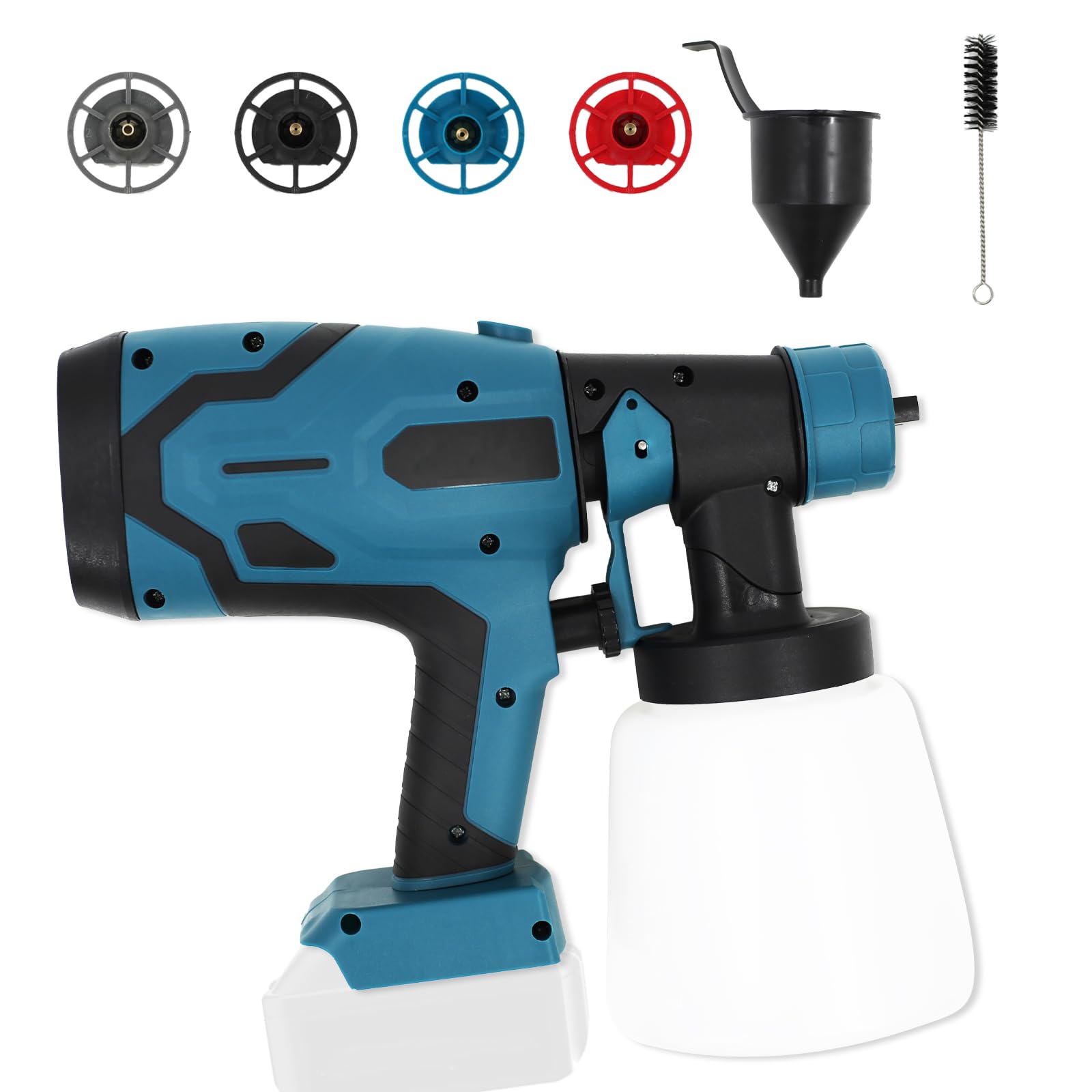 Système de pulvérisation de peinture sans fil avec réservoir de 800 ml et 4 buses, 3 modes de pulvérisation, pistolet à peinture pour murs et clôtures, compatible avec batterie Makita 18 V (sans