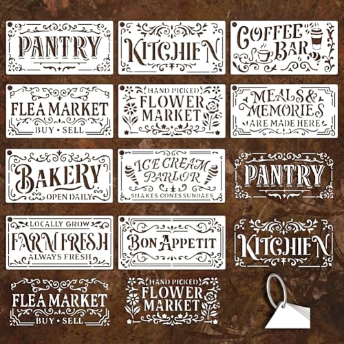 GOMAKERER Plantillas De Arte De Plástico De 10 Hojas Para Pintar, Granja De Flores Panadería Cocina Dibujos De Dibujo Vintage Francés Signo De Plástico Plantillas De Arte Para Pintar En Pared Madera