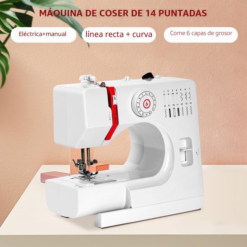 ZPSHYD - Máquina de coser eléctrica portátil de 14 puntos, para principiantes y niños, con pedal, ideal para ropa, bolsos y muñecas, color rojo y blanco