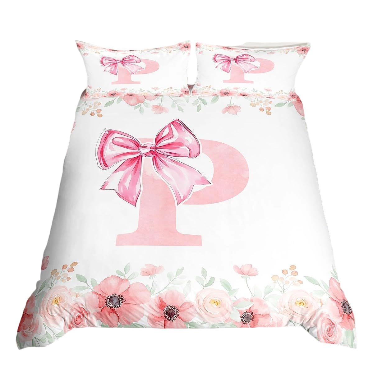 Initial Letter P Bow Bedding Sets For Kids Girls Teen Women,Pink Girly Bowknot Duvet Cover Single Cute Fantasy Princess Bed Set Romance Flower Floral Comforter Cover Zipper Closure