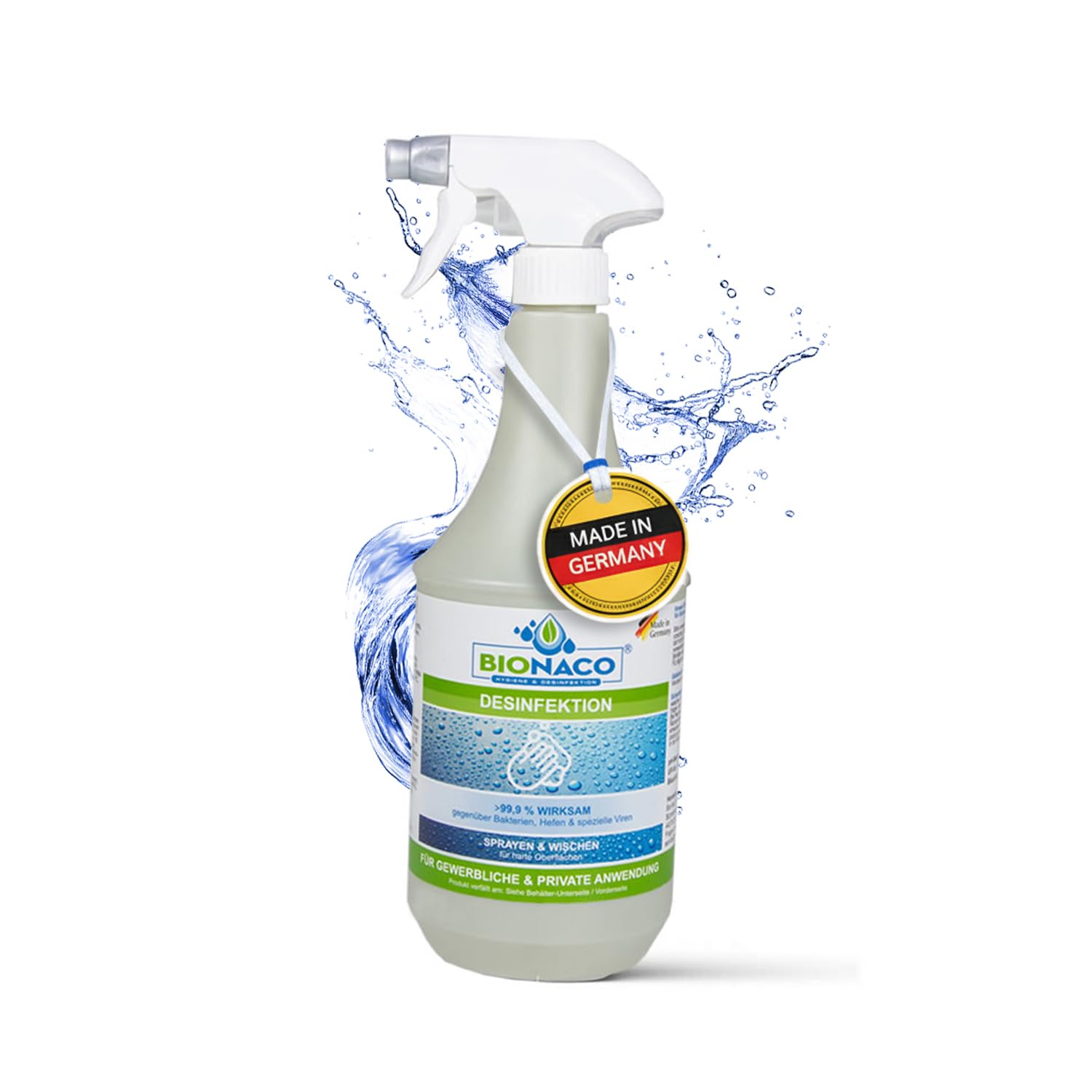Bionaco Desinfektionmittel - Alkoholfreies Reinigungsmittel zur Desinfektion, Hygiene-Spray für Oberflächen und Gegenstände, nachhaltiger & naturnaher Wirkstoff-Komplex, Made in Germany (1L Sprühkopf)