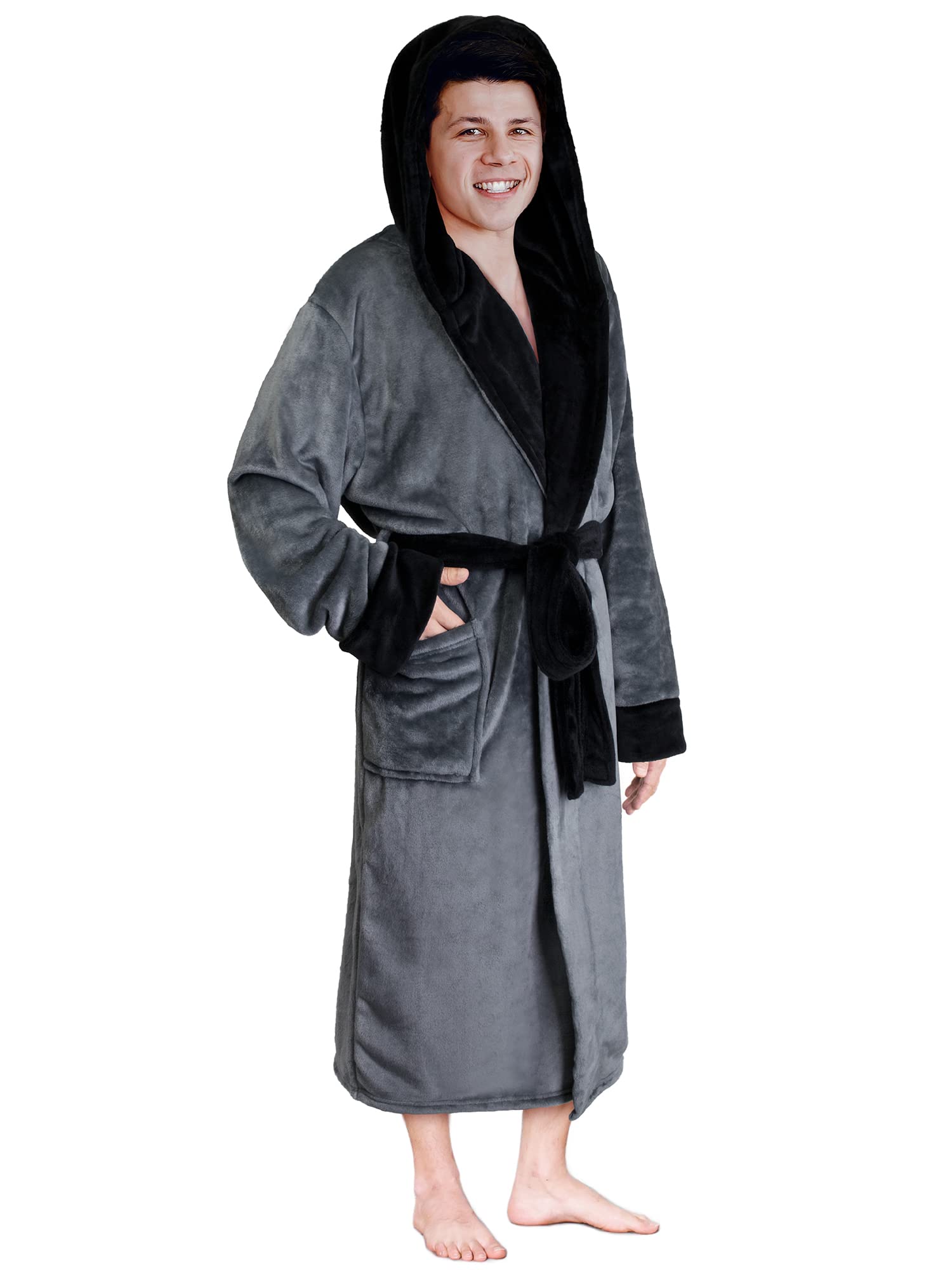 PAVILIA Mens Robe, Hooded Soft Robe for Men, Fleece Bathrobe with Hood