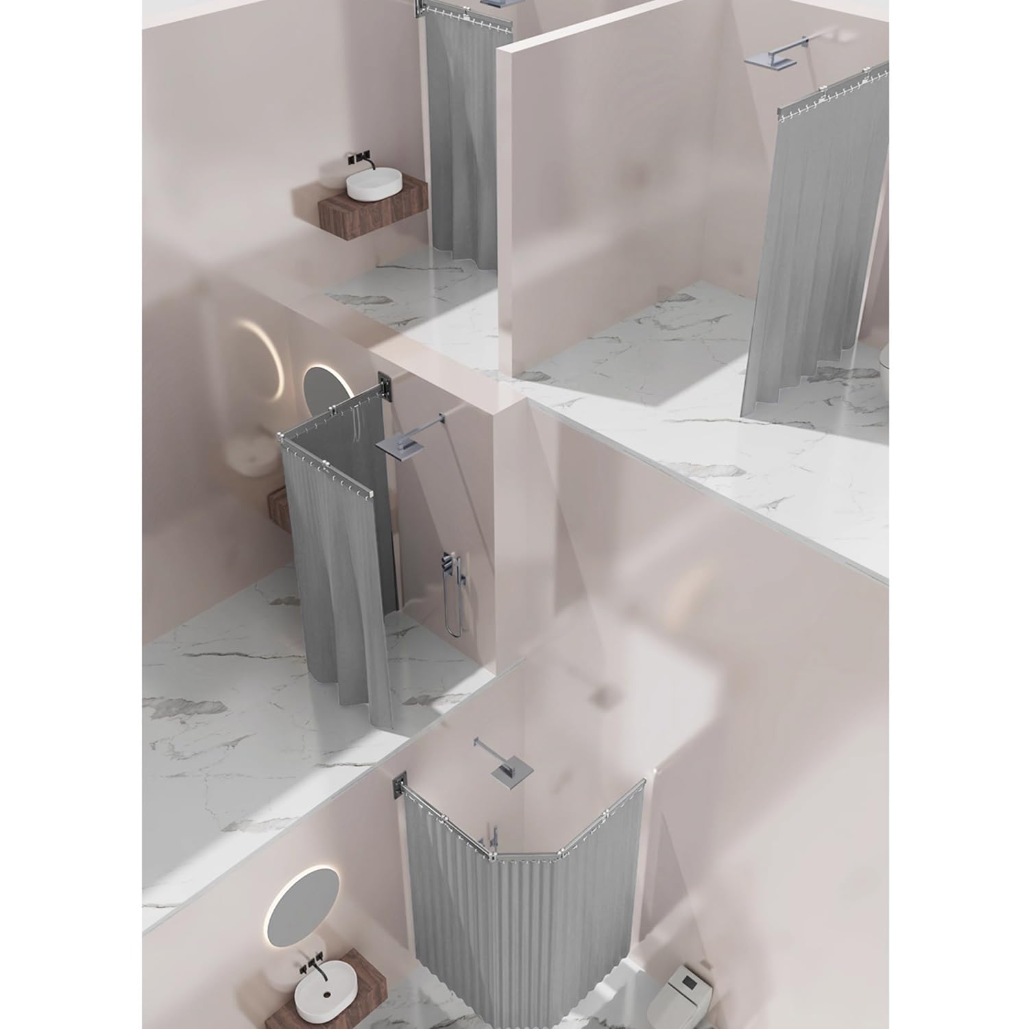 Cortina De Ducha Sin Taladrar Con Ventosa,Barra Cortina Ducha Con Ángulo Ajustable,Cortina Baño Fijación Con Ventosa,Impermeable Antimoho Para Esquinaesquina/Hotel/Baño(Gris,160cm,5 Pieghe)