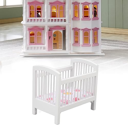 Miniatura 5 de Tnfeeon Cuna en miniatura para casa de muñecas, casa de muñecas brillante de abedul, cama de bebé, juego de madera para muñecas para casa de muñecas