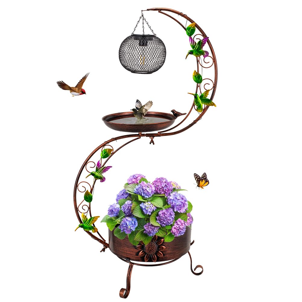 DREAMSOUL Abbeveratoio solare per uccelli con lanterna solare, in rame, stile vintage, in metallo, per esterni, giardino, cortile