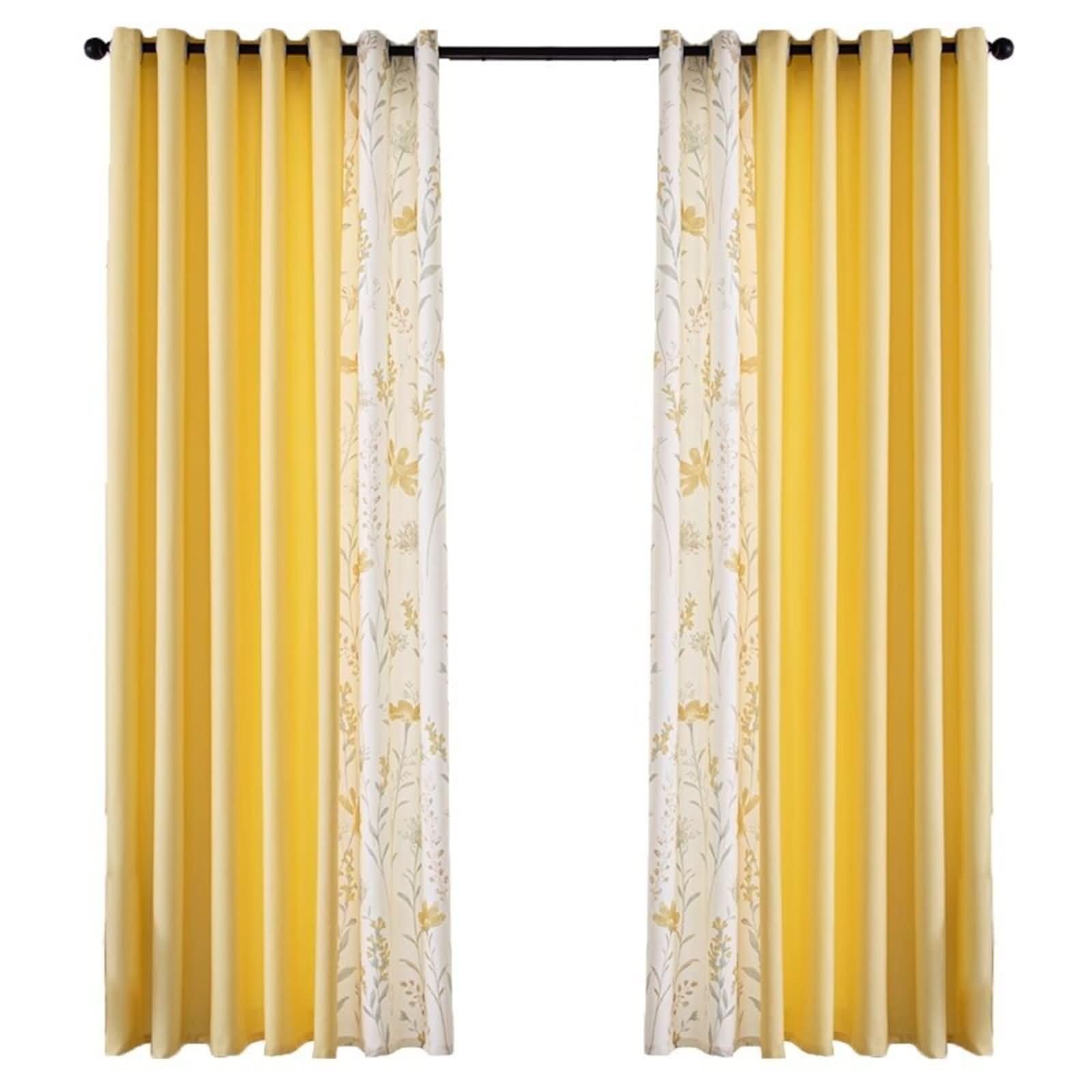Rideau de Cuisine, Rideaux d'Extérieur Terrasse Beige Blanc Jaune Motif de Fleurs et de Feuilles avec Assemblage Polyester Lot de 2 132W x 214L cm