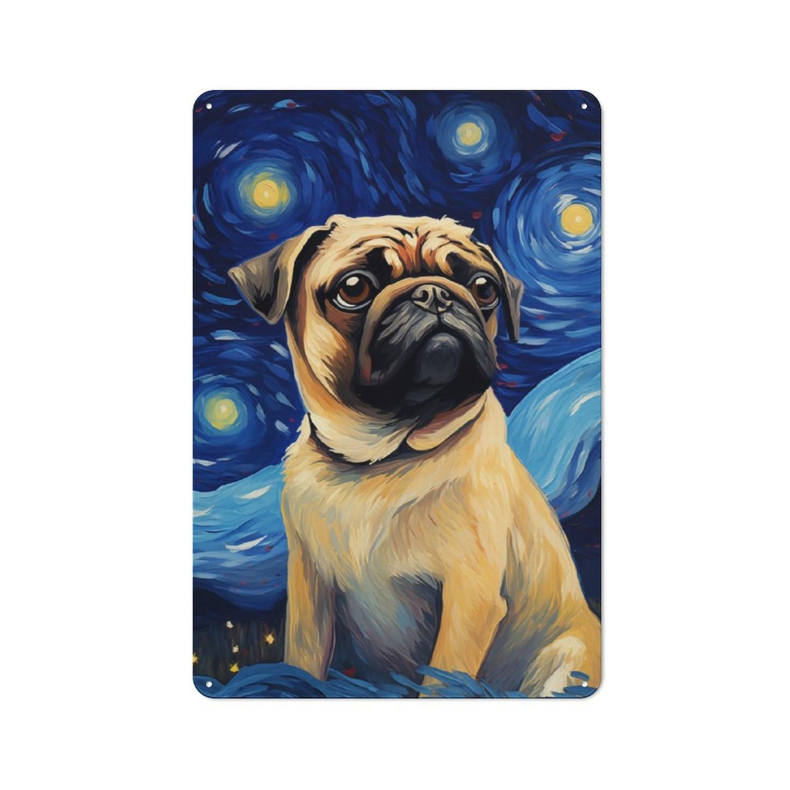 Junmoney Pug Dog Vincent Warehouse Style Metal Wall Decor 30X20cm, Tin Wall Sign For Modern Home, Workshop, Office Or Cafe