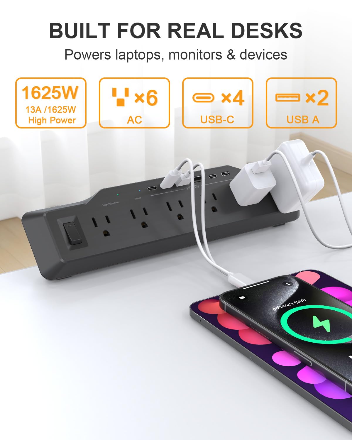 Zacisk komputerowy, ochrona przeciwprzepięciowa, 6 gniazd, płaska wtyczka, 1800J, 4 porty USB-C (dowolny port 35W), do domu i biura, ognioodporna obudowa PC-ABS, se