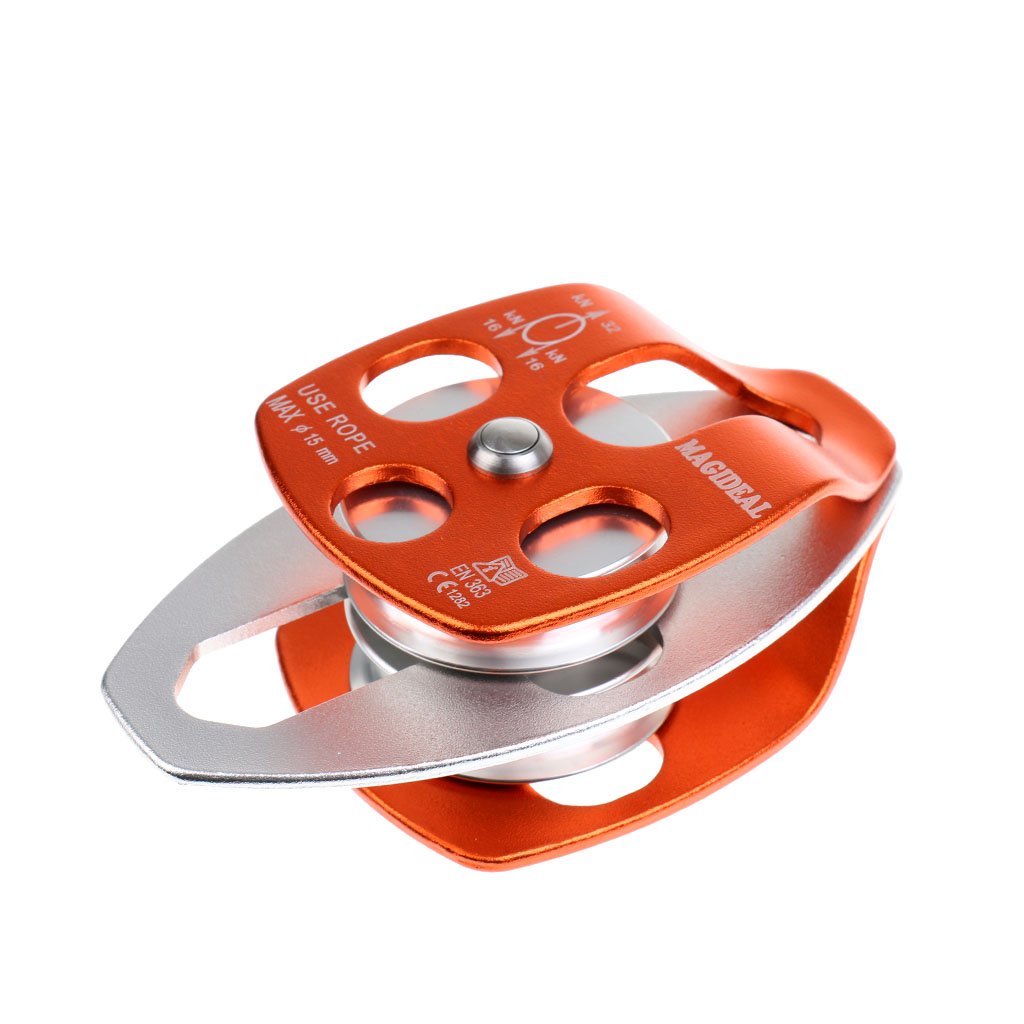 Rodamientos de bolas de aluminio de doble polea 32KN para montañismo, escalada, color naranja