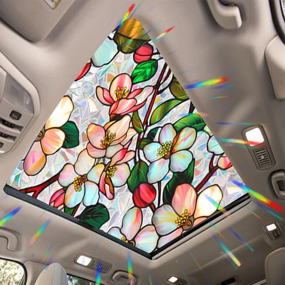 JOONOR Crabapple Blossom Flower Sunroof Film Floral Rainbow Effect Static Clings Window Privacy Film Sun Protection Stained Glass Decals for Car Moonroof &amp; Side Windows, 17.72 x 35.43 Inch