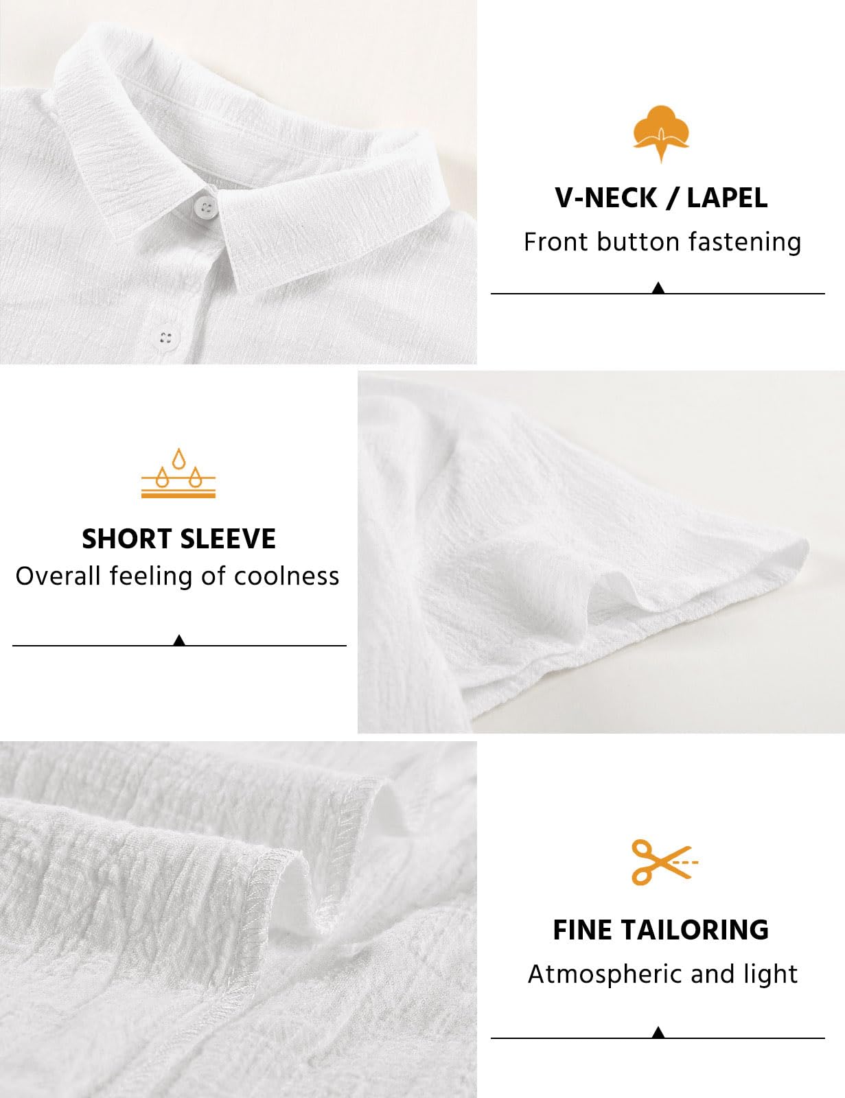 Damen Bluse Sommer Elegant Baumwolle Leinen Hemd Kurzarm Oberteile V-Ausschnitt Button-Down Blusen Casual Hemdbluse Basic Revers Shirts Tunika Tops
